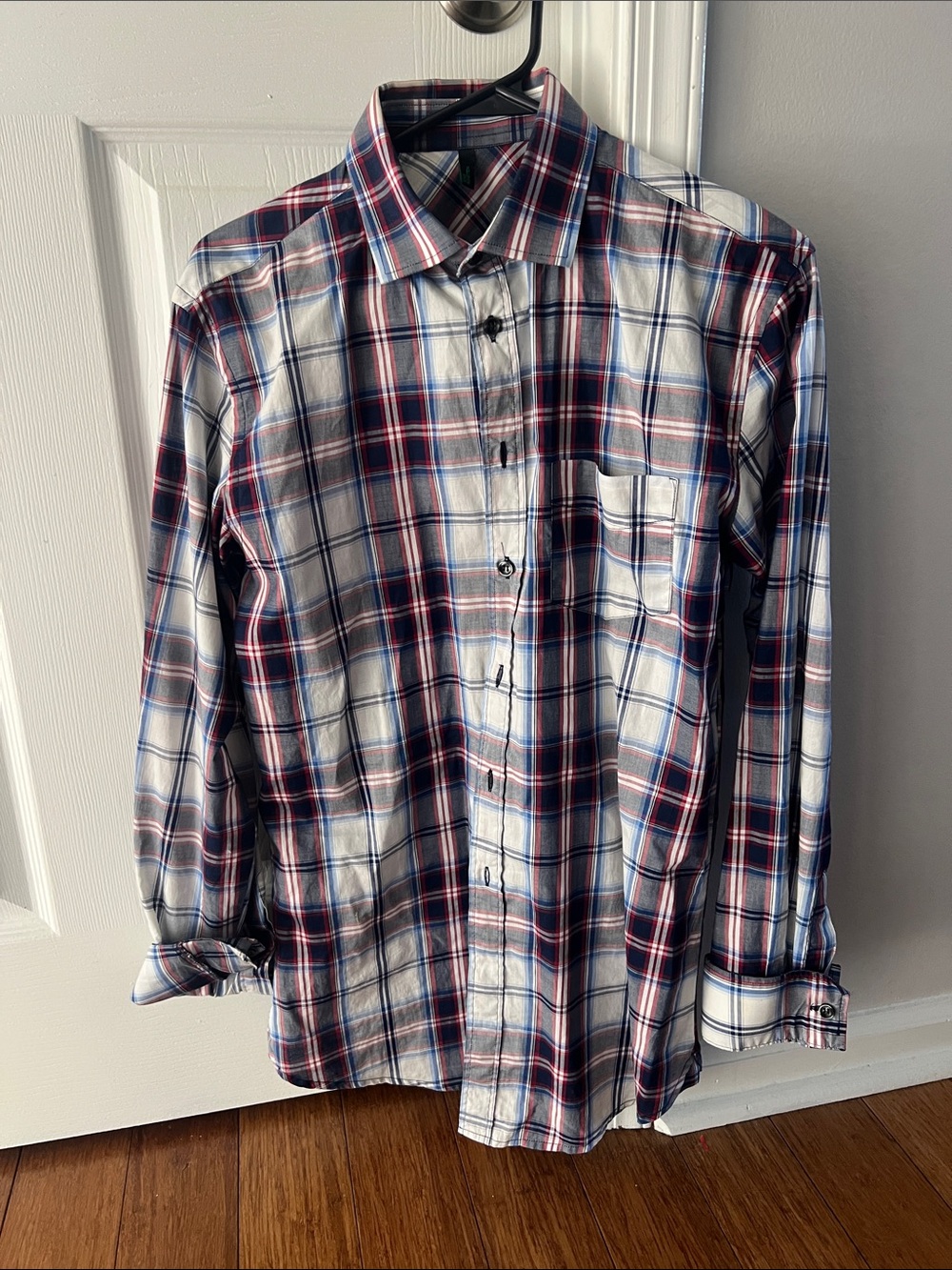 Men's Long-Sleeve Plaid Dress Shirt - White, Navy & Red